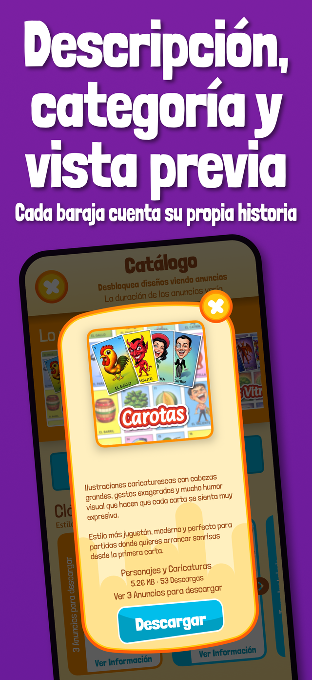 Descripción, categoría y vista previa de cada carta