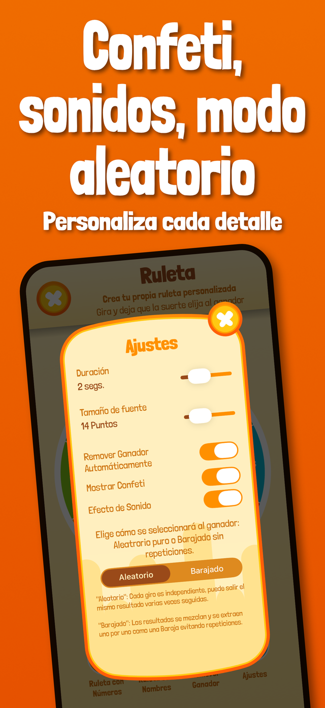 Ajustes de ruleta: confeti, sonidos y modo aleatorio